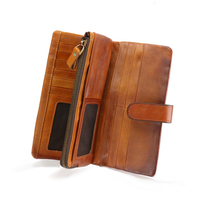 LETEULO Women's RFID Blocking Genuine Leather Wallet Vintage Hand Rubbing Wallets Organizer (US Brown) - Image 1